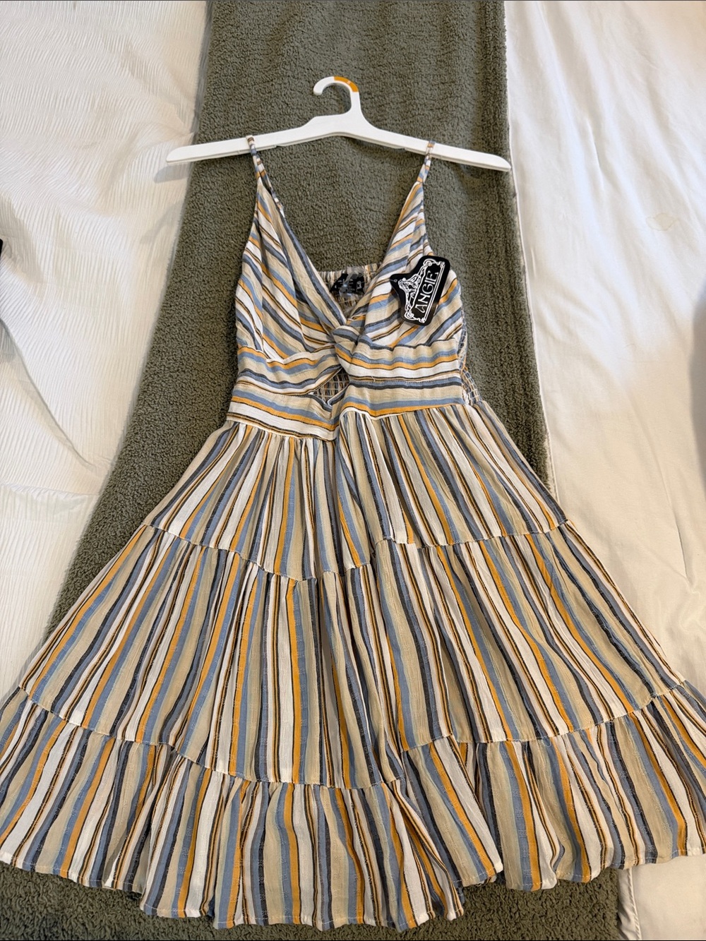 Angie Striped Tiered Mini Dress in Blue, Yellow & White
